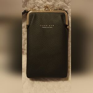 Chic Black Wallet with Gold Zipper & Glasses Or Phone Holder